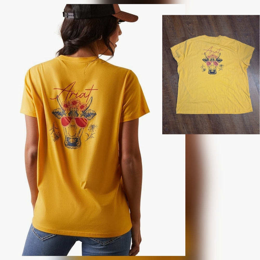 Womens ARIAT Yellow Relaxed Fit Tee Real Cool Cow with Sunglasses Size XXL NWOT
